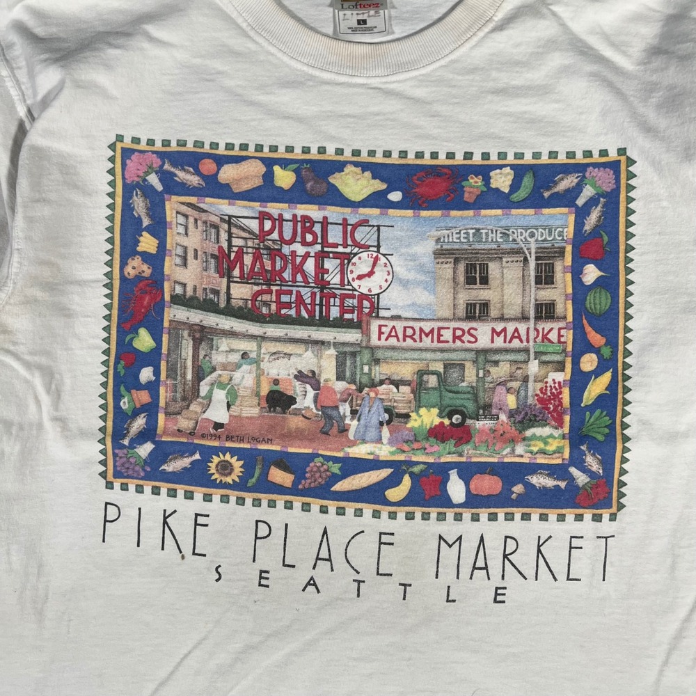 Vintage 1994 Pike Place Market Seattle Art T Shirt Fruit of the Loom White Large - Picture 1 of 6